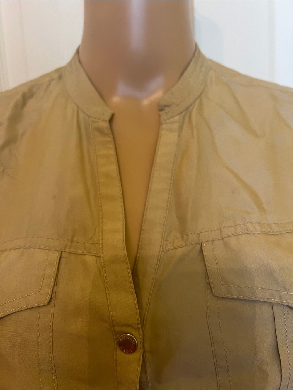 Women's Silk Tan Utility Shirt Dress - Casual Drawstring Waist S/P - Picture 4 of 8